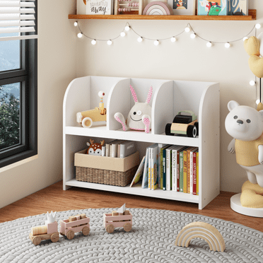 Oufan Kids Bookcase with 4 Compartments, Storage Book Shelf, Storage Display, Rack, Toy Organizer for Children's Room, Playroom, Nursery, White