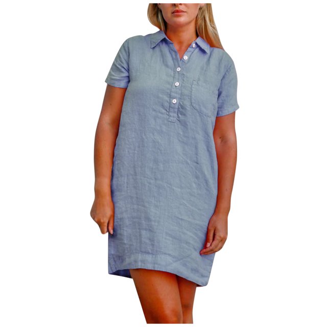 Moda mujer otoño sólido causal cuello vuelto manga corta vacaciones botón bolsillos vestido Fridja bnh5900