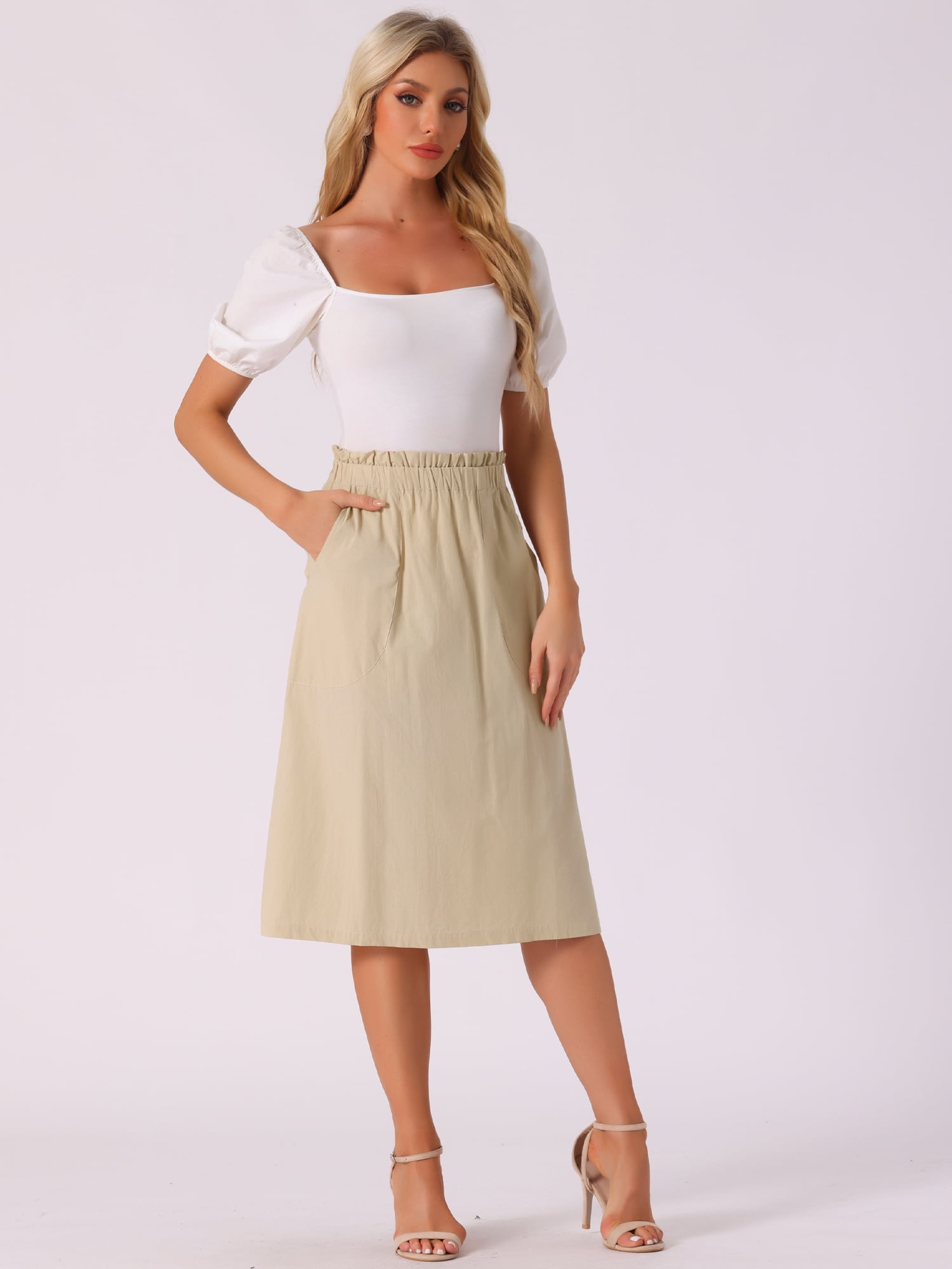 DARING DIVA Women's Cotton A-Line Midi Skirt with Pockets M Khaki