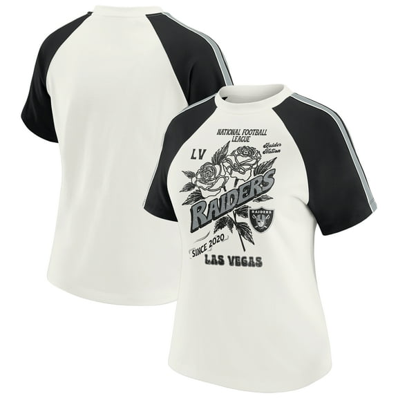 Women's WEAR by Erin Andrews White Las Vegas Raiders Sleeve Stripe Distressed Raglan T-Shirt