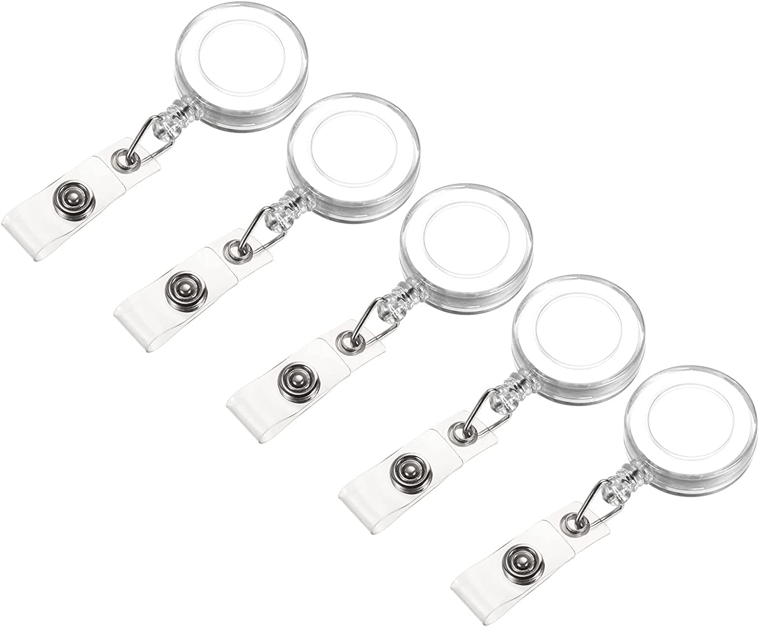 Retractable Badge Holder Reel Round with Metal Clip and Clear PVC Strap for ID Card, Clear White