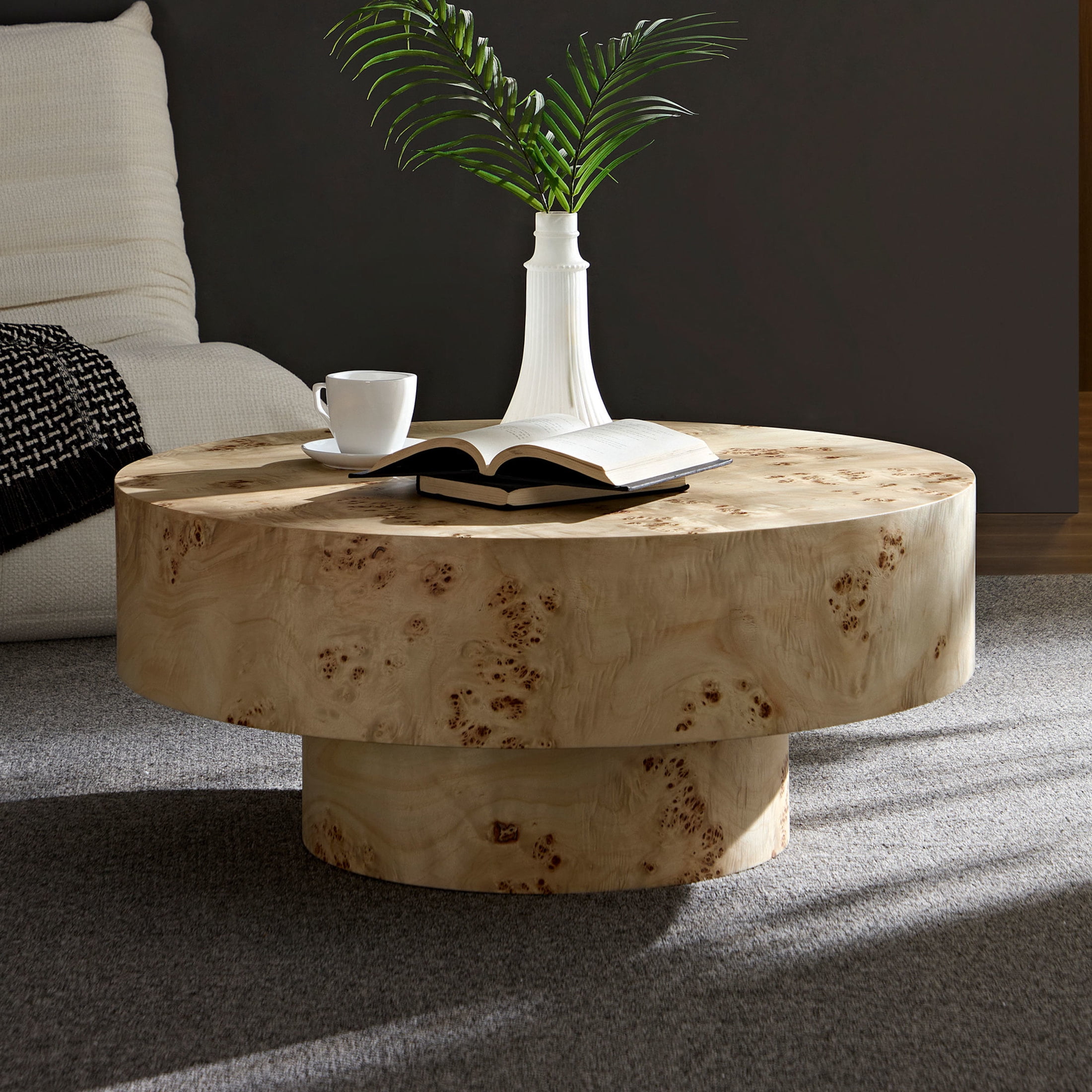 Noble House 31.49" Round Coffee Table, Burl Wood Veneer, Sturdy Drum Pedestal, Mid-Century Accent, Natural