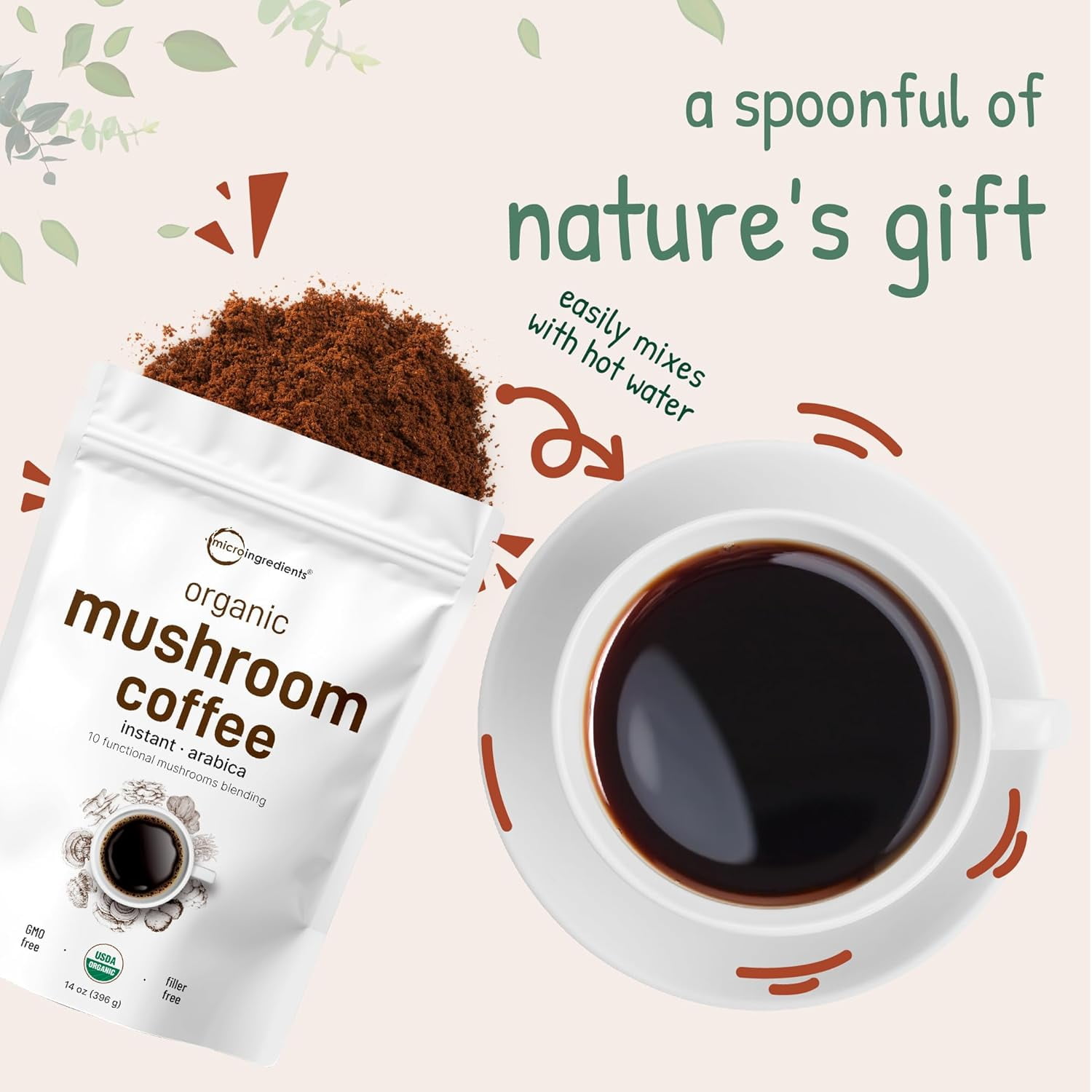 Micro Ingredients Organic Instant 10-in-1 Mushroom Coffee Powder, 14 Ounces (158 Servings) | Premium Arabica Coffee with Lions Mane, Chaga & More