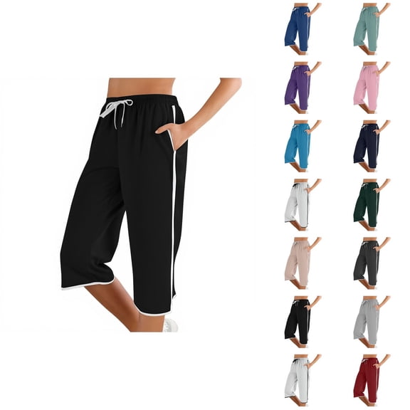 Capri Pants for Women Summer Casual Elastic Mid Waist Straight Leg Cropped Sweatpants with Pockets