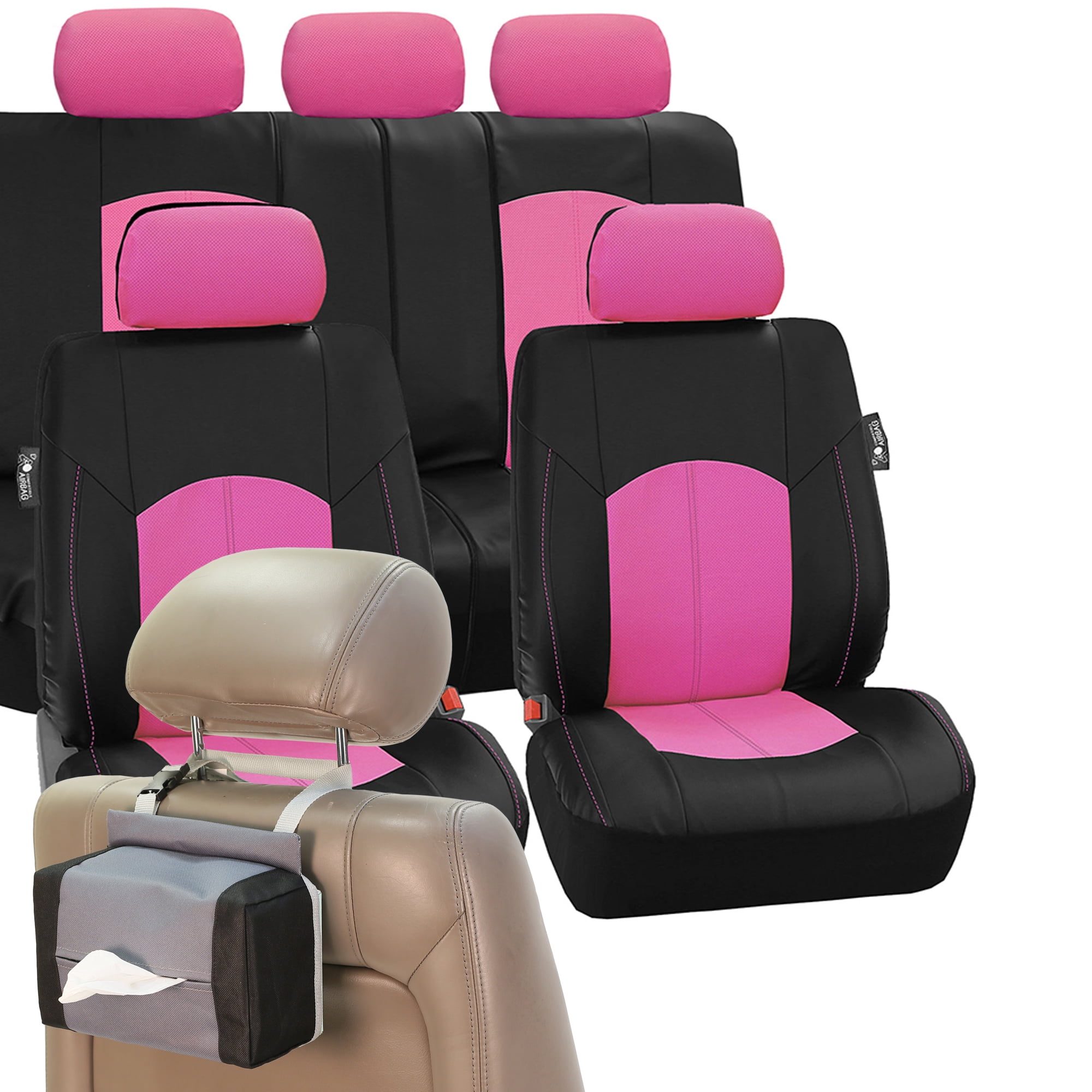 Perforated Leather Seat Covers Car For Auto Airbag Ready Split Bench With Tissue Dispenser Pink Black