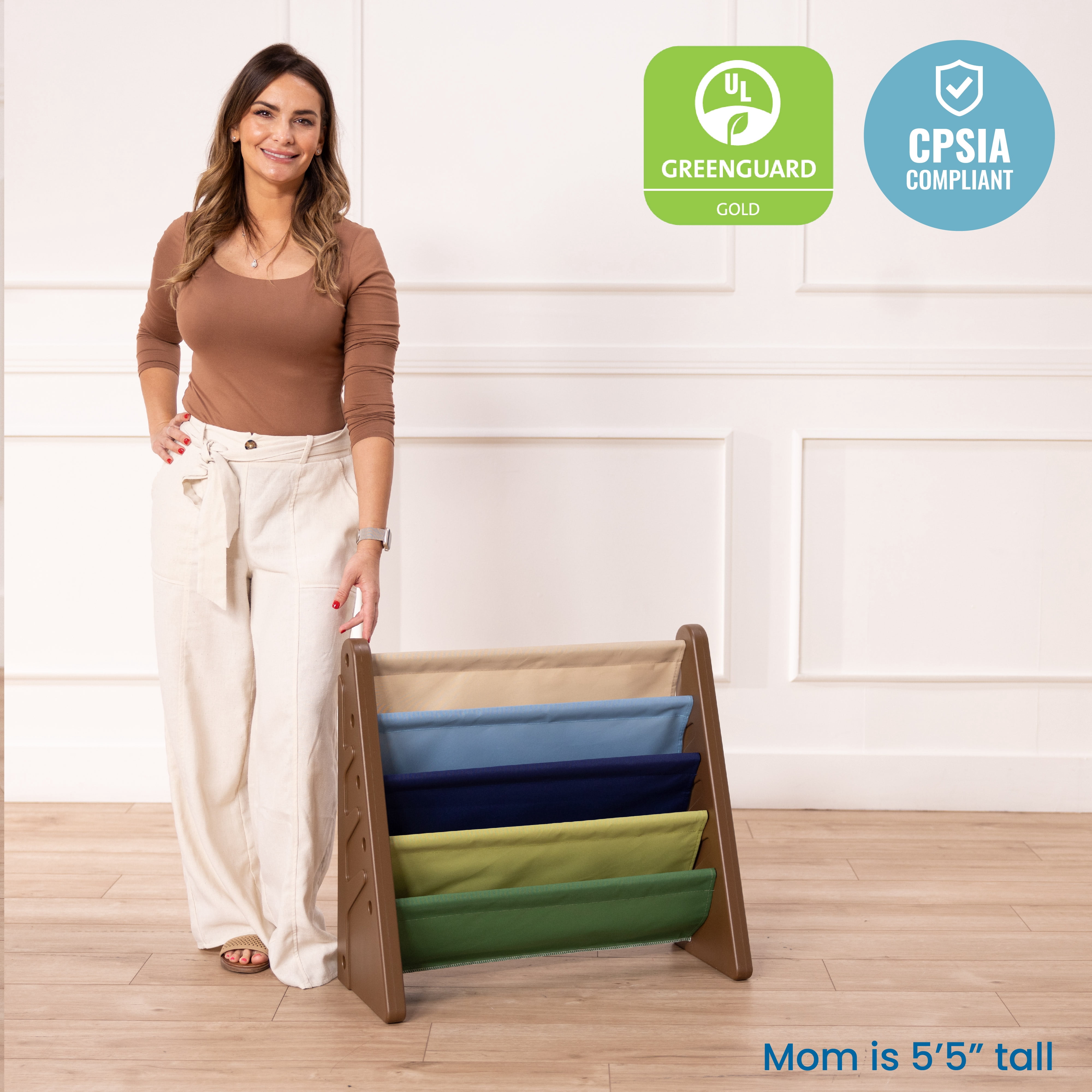 ECR4Kids 4-Tier Sling Book Display with Deep Fabric Pockets, Earthtone