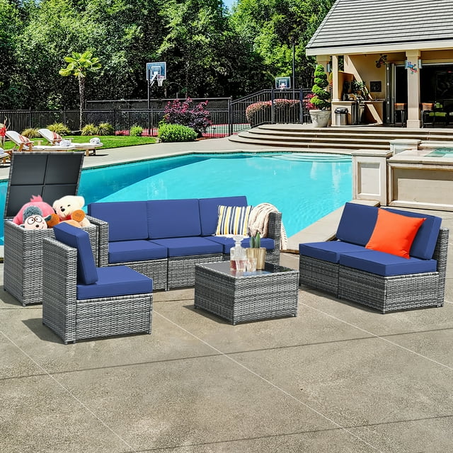Costway 8 PCS Wicker Sofa Rattan Furniture Set Patio Furniture w/ Storage Table Navy