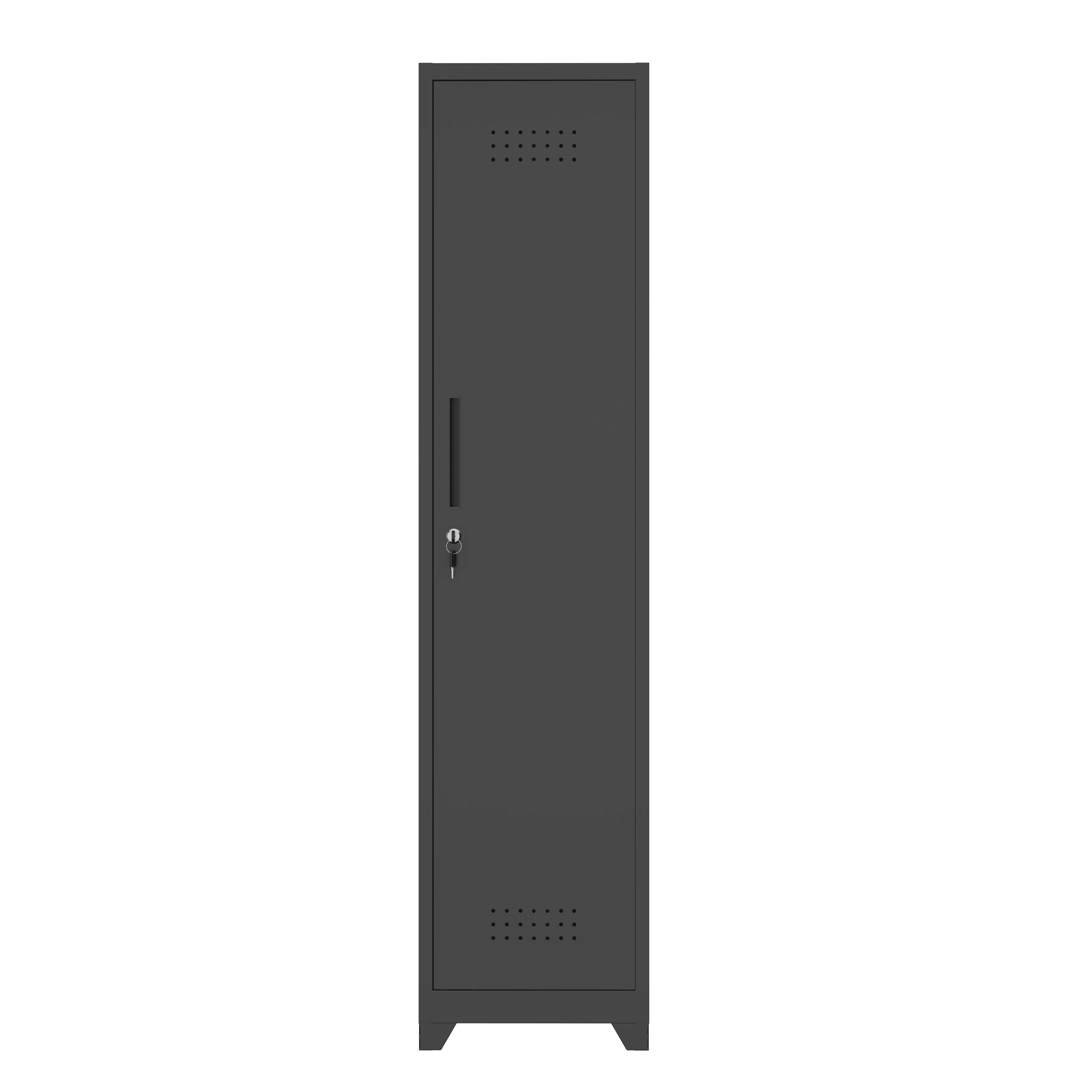 Tall Narrow Metal Storage Cabinet with Lock, 65" Slim Utility Organizer with Hanging Rod & Fixed Shelves, Ventilated Cleaning Supply Cabinet for Laundry Room, Garage, Entryway