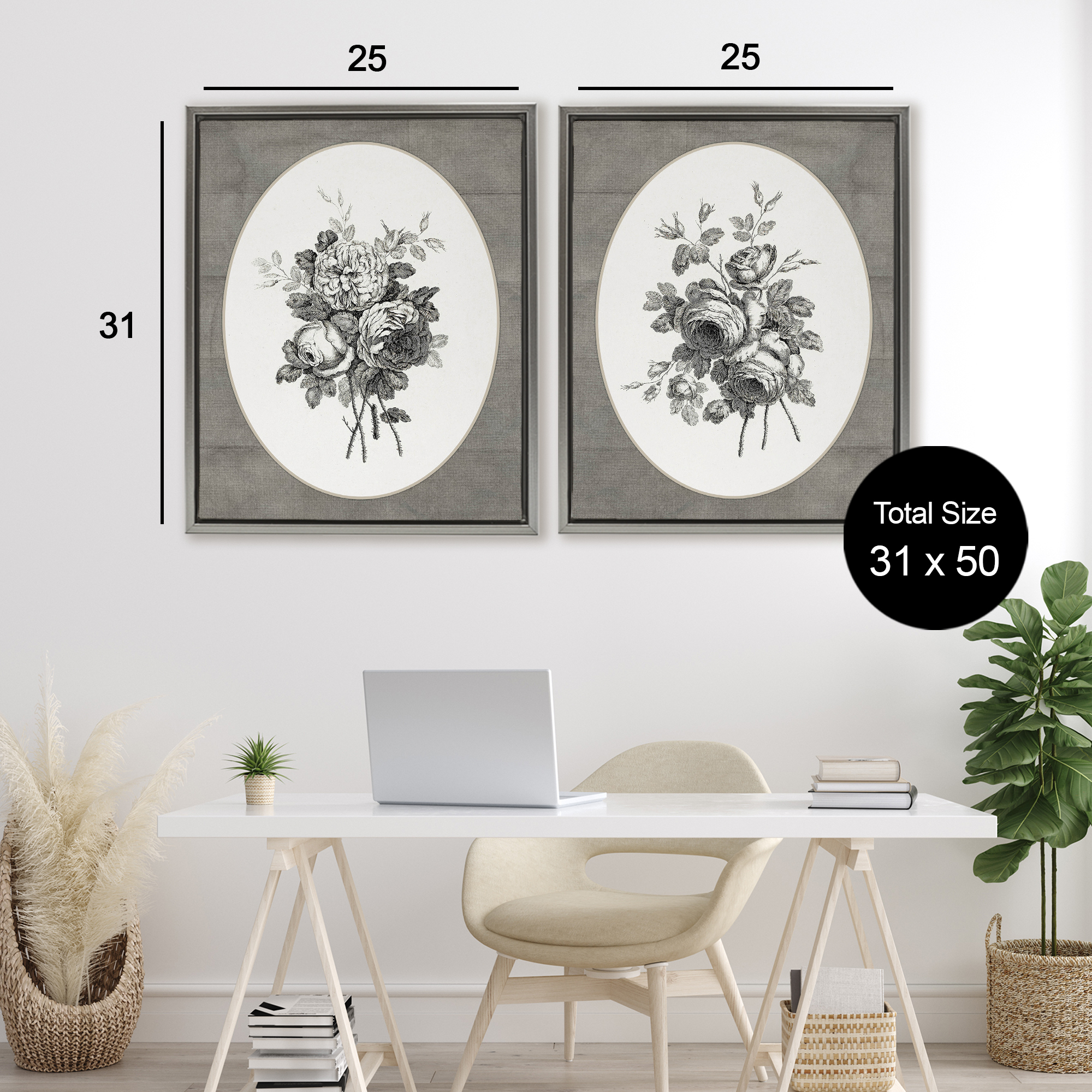 Vintage Petal Bundle Details 2 Piece Gray Framed Floater Canvas Set, design by Lettered and Lined