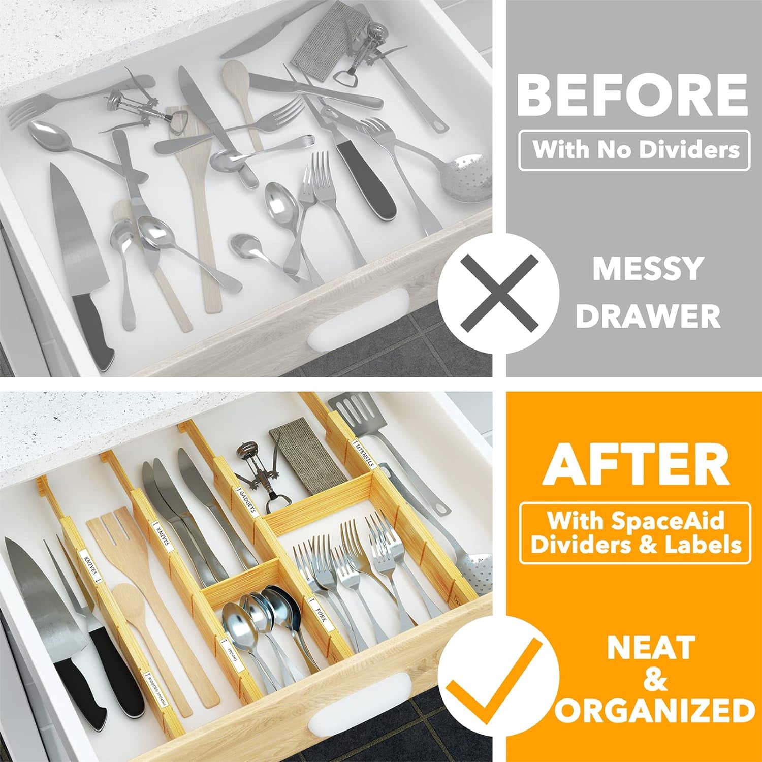 SpaceAid Bamboo Kitchen Organizer Drawer Dividers, Expandable(17-22 in), 17"L x 0.6"W x 2.6"H