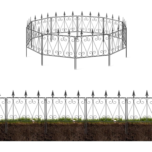 Garden Border Fencing - 5 Panels Metal Decorative Garden Fence Animal Barrier Metal Edging, Black, 26.7 in (H) x 10 ft (L)