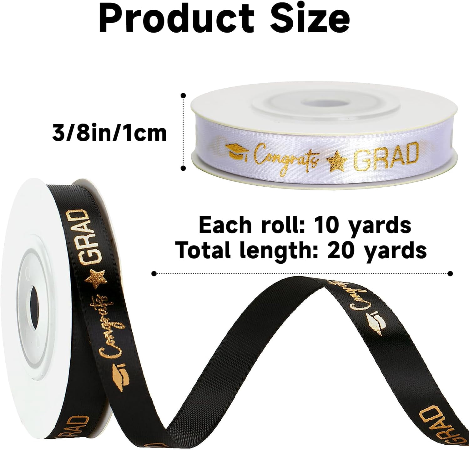 2 Rolls 2026 Graduation Ribbon - 3/8'' x 20 Yards Congrats Grad Gold Satin Ribbon for Gift Wrapping Class of 2026 Graduation Party Decorations DIY Crafts Black and White with Gold Printing