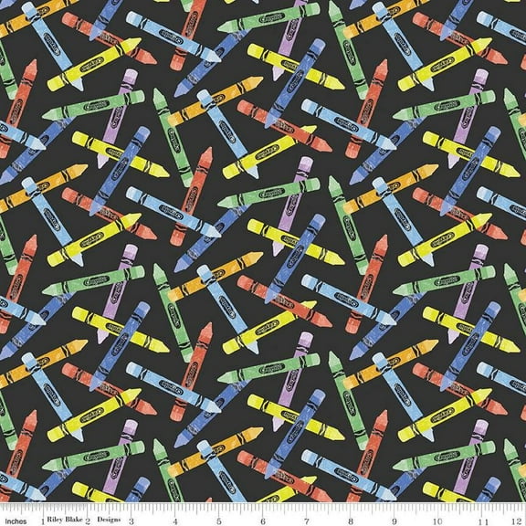 New Box of Crayons Crayon Toss Black Cotton Fabric (1 Yard)