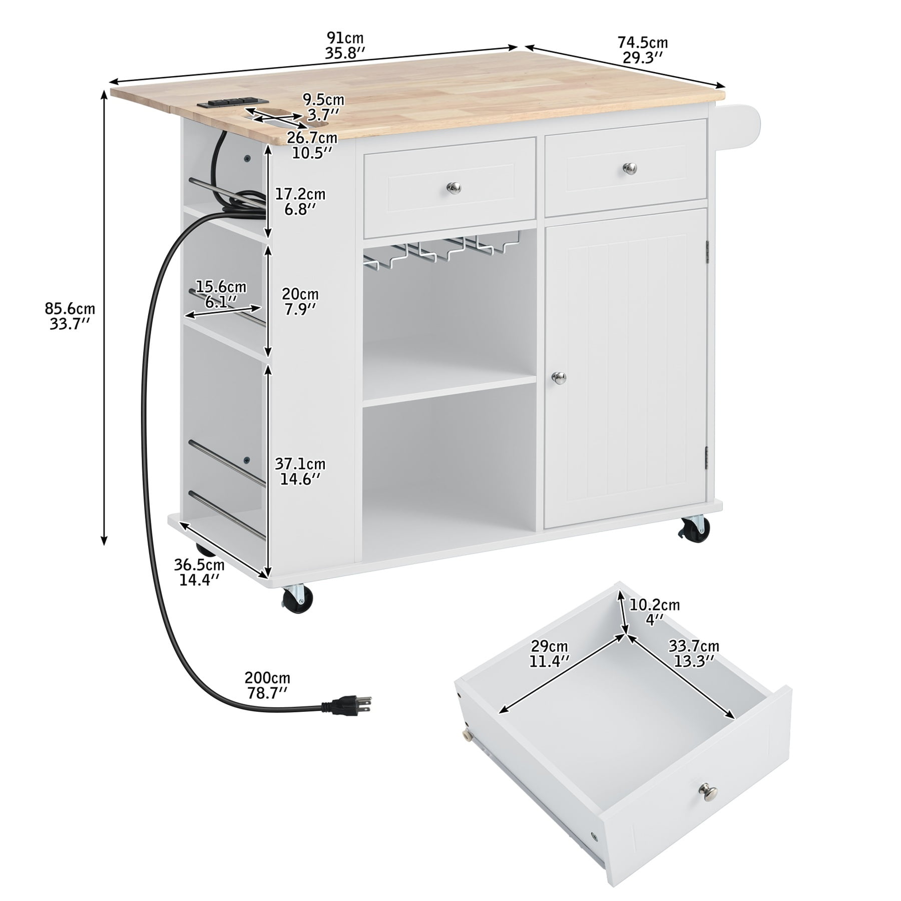 Alvantor Kitchen Island Carts with Power Outlet, Mobile Buffet Cabinet with Drop Leaf,Open Storage and Wine Rack for Dining Room Living Room White