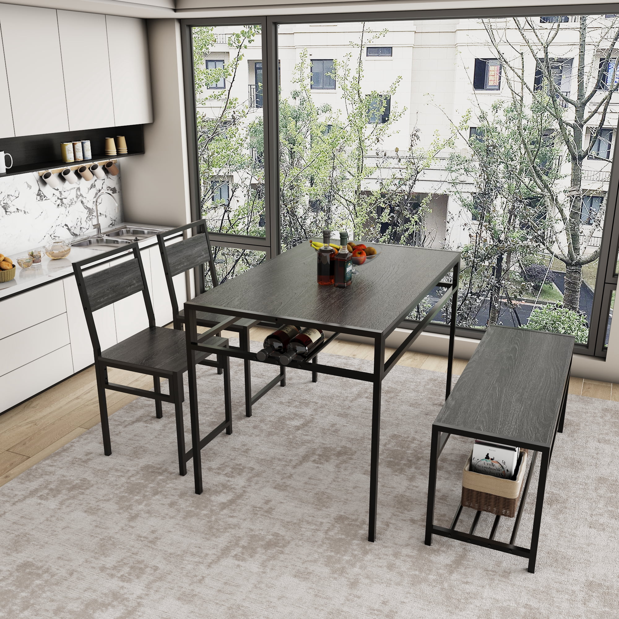 HOQBN 5 Piece Industrial Dining Table Set with 2 Dining Chairs & 1 Storage Bench,Wood Grain Rectangular Kitchen Table with Built-in Wine Rack, Metal Frame Space Saving Dinner Furniture