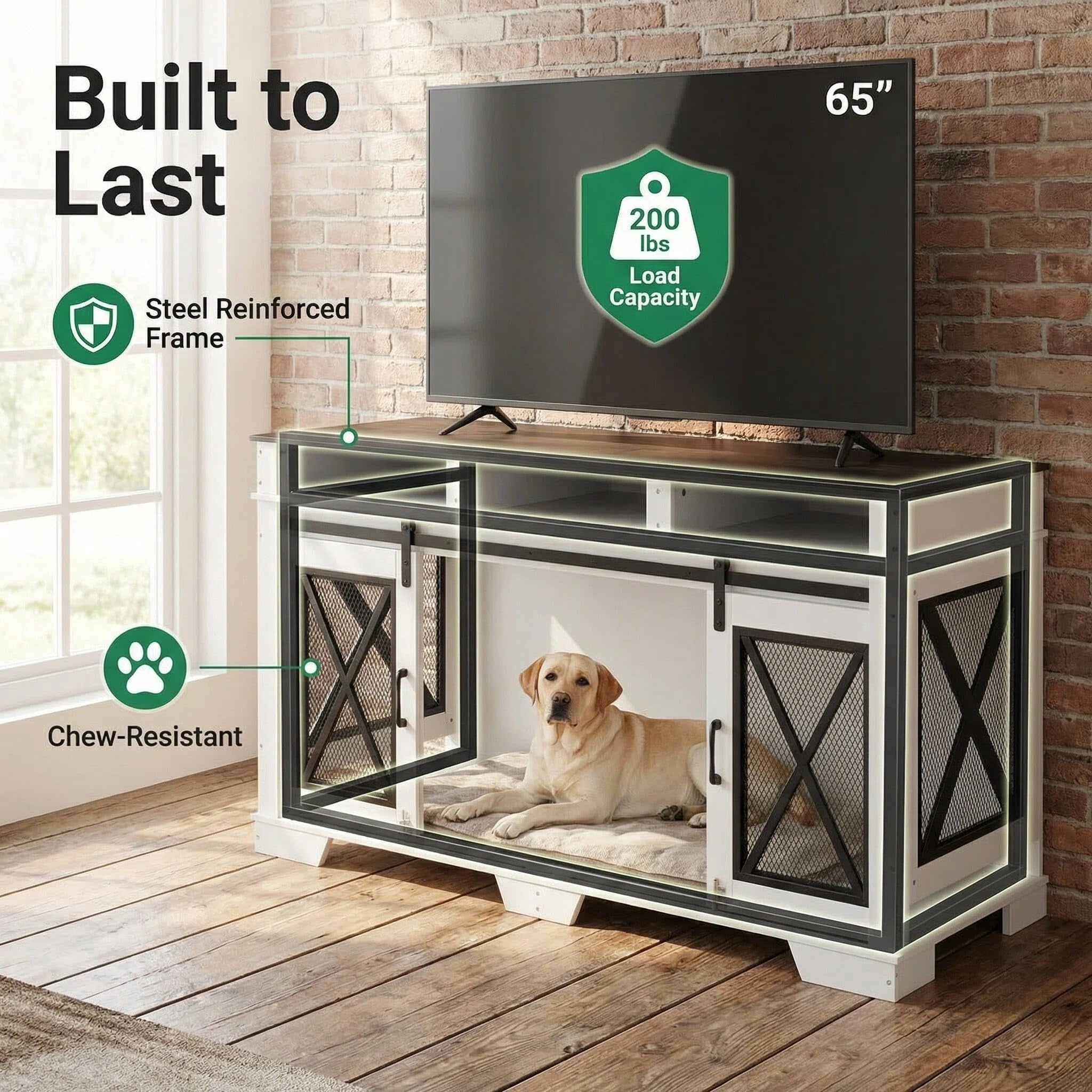 Garvee 71 Inch Dual-Panel Ironwood Dog Cage - Double Layer Steel and Particleboard, Large Double Compartment Dog Crate, Metal and Wood Dog Kennel, Indoor Outdoor Double Door