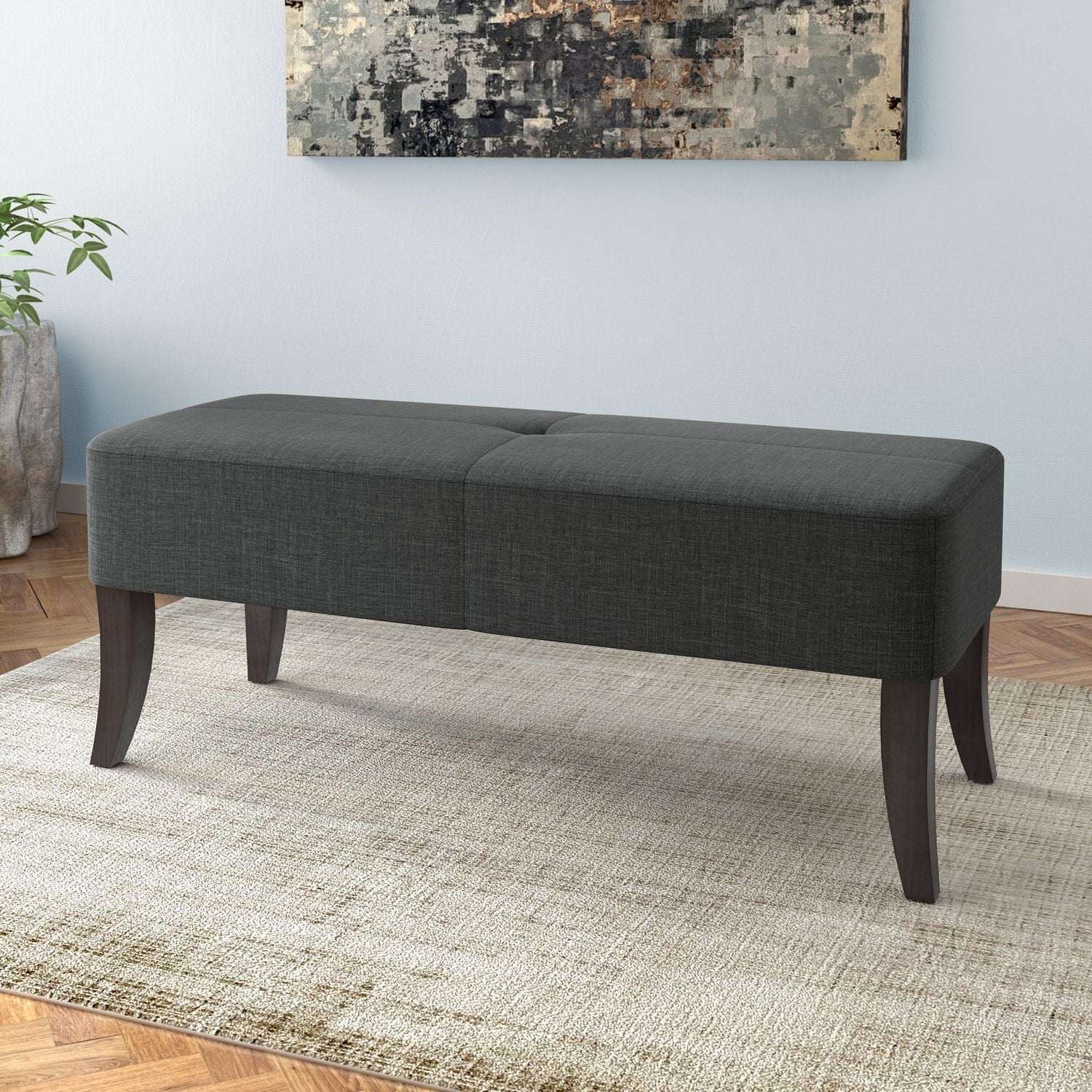 CorLiving Antonio 46" Wide Fabric Upholstered Indoor Bench with Curved Wood Legs, Dark Grey