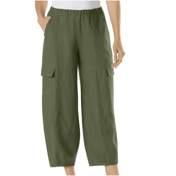 Cotton Linen Tulip Pants for Women Plus Size Baggy High Stretchy Waisted Wide Leg Pants Summer Fashion Vintage Print Capris Pants with Pockets