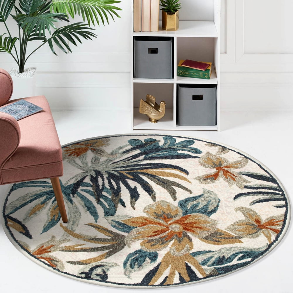 Ox Bay Talia 4' Round White/Mult Floral Wool Indoor Area Rug