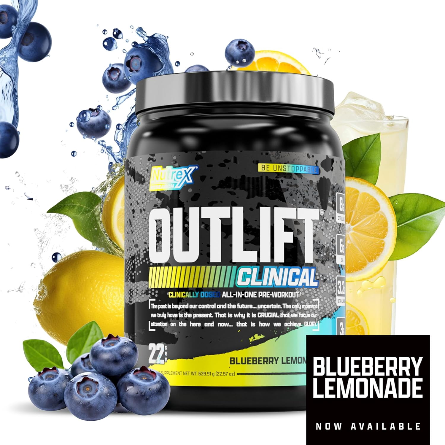 Nutrex Research Outlift Clinically Dosed Pre Workout Powder with Creatine, 8G Citrulline, BCAA - Energy, Performance, Pump Preworkout Supplement for Men & Women (22 Servings, Blueberry Lemonade)