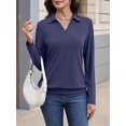 thumbnail image 5 of Womens T-Shirts Long Sleeve Banded Bottom Tops Business Casual Tops Collared V Neck Blouses Navy Blue L, 5 of 7