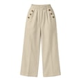 thumbnail image 3 of Lmueinov Womens Cotton Wide Leg Pants Elastic Waist Casual Trousers with Decorative Buttons Solid Color Flowy Long Pants for Summer Beach Vacation Clothes, 3 of 6