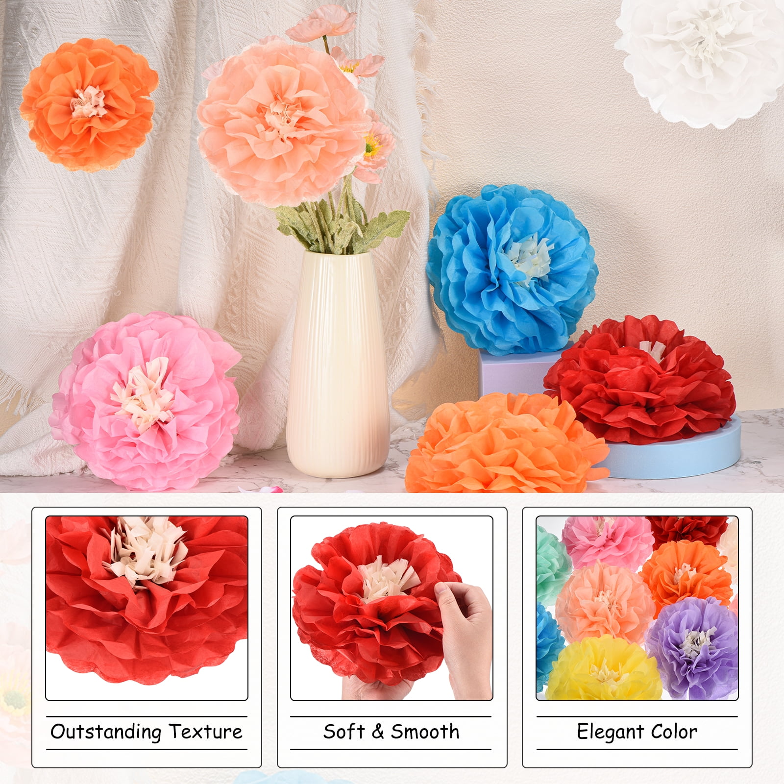 Uxcell 20 Pcs Colorful Paper Flowers, 3D Tissue Paper Pom Poms Crepe Mexican Paper Flower, [for DIY Crafting Wall Wedding Birthday Party Decorations] - 6"/8"/10"/12"