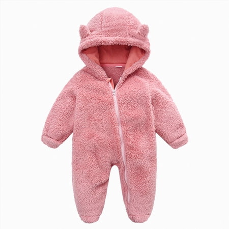 NLOMOCT New Born Clothes Baby Girl Sleep and Play Newborn Infant Baby Girl Boy Cute Solid Long Sleeves Fleece Footed Hooded Zipper Romper Warm Jumpsuit Outfits Pink 0-3 Months