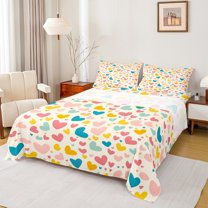 Manfei Girly Retro Cartoon Full Size Sheets, Kawaii Love Heart Bed Sheets, Teens Boys Girls Kids Sheet Sets, Luxury Bedroom Decor, 4 Pieces
