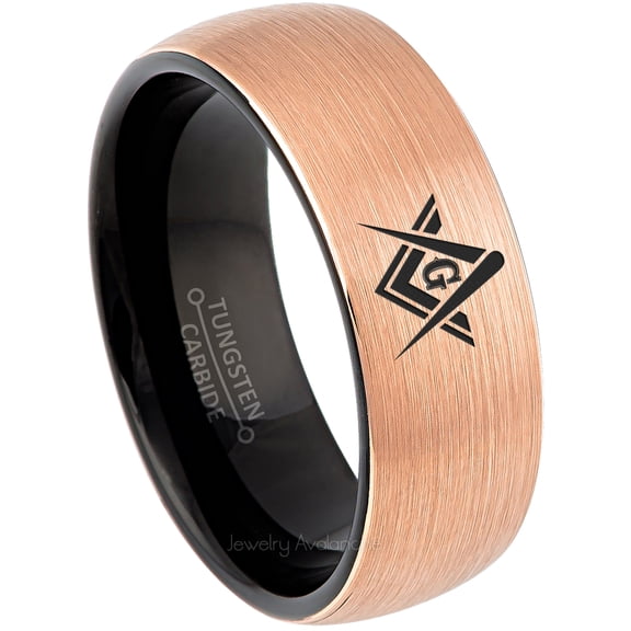 Mens Masonic Tungsten Ring - Freemason Masonic Symbol Ring - 8MM Brushed Dome Black & Rose Gold Plated Tungsten Carbide Ring TN815BMSs7