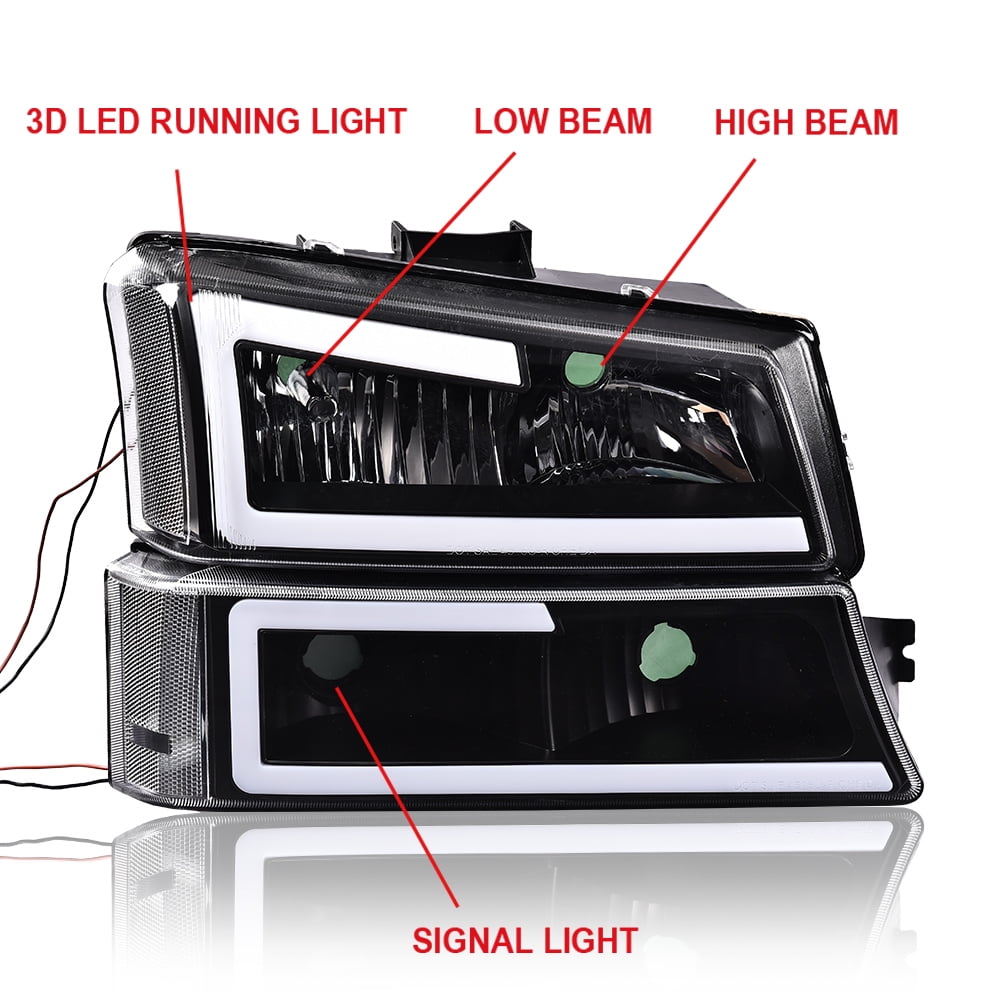 CROSSDESIGN LED Headlamps DRL Headlights Projector Fit for 2003-2006 Chevy Silverado/Avalanche
