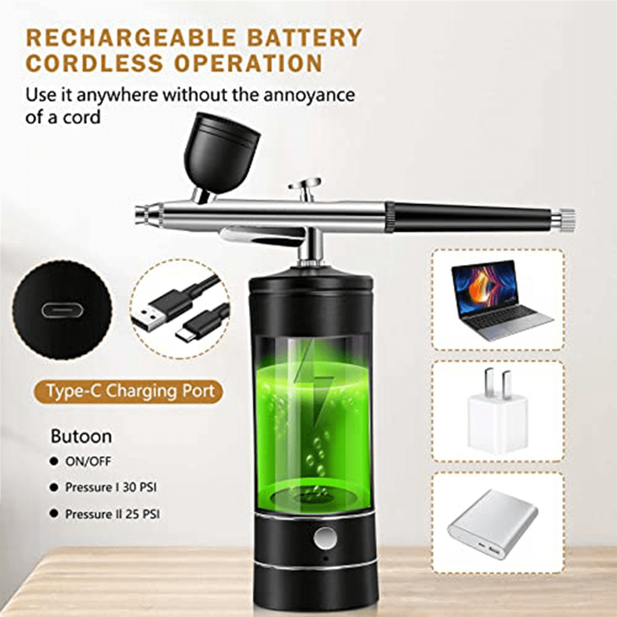 5X Airbrush Kit Rechargeable Cordless Airbrush Compressor,30PSI High Pressure,Portable Handheld Airbrush