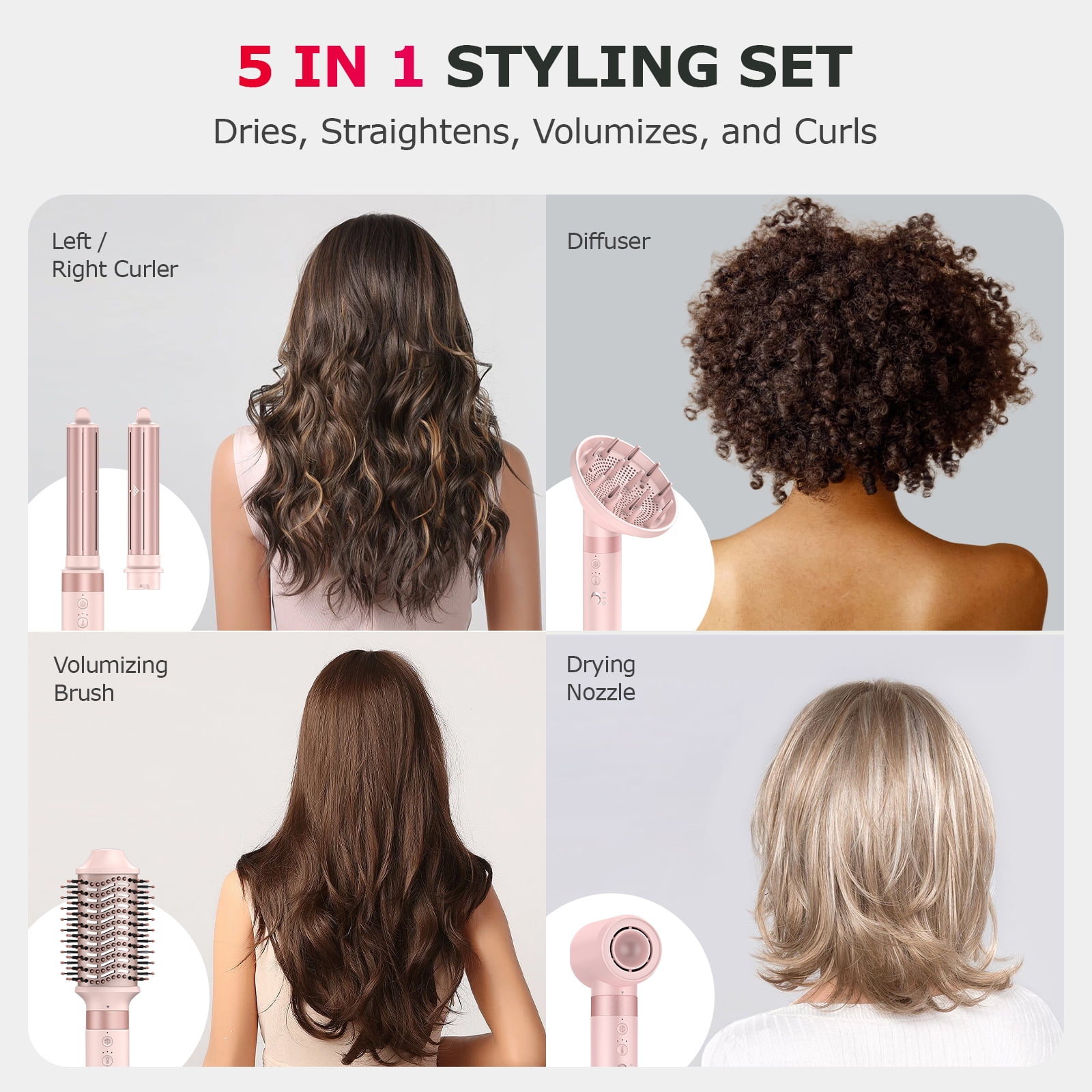 5 in 1 Professional Hot Air Styler Frizz-Free Hair Dryer Brush with Diffuser