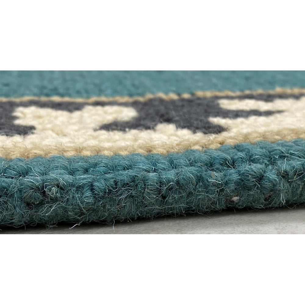 LR Home Hand Hooked 3 ft. x 5 ft. Teal and Cream Floral Bordered Medallion Wool Area Rug