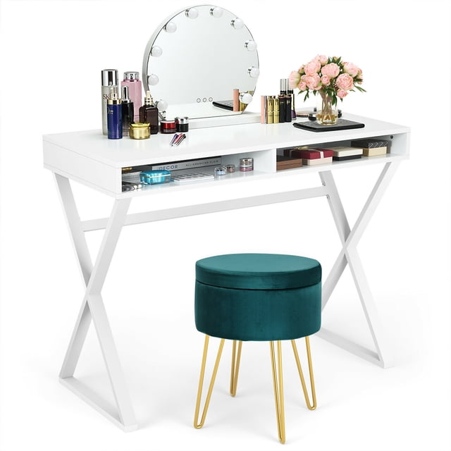 Gymax Ensemble de Table de Toilette Table de Maquillage pour Bureau W / Rangement Rond Pouf Vert