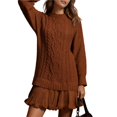 thumbnail image 2 of Robe Chandail en Tricot Torsadé pour Femmes, Col Ras du Cou, Manches Longues, Mini-Robe Plissée, Style Deux-en-un, Robe Patchwork, Couleur Caramel, L, 2 of 9
