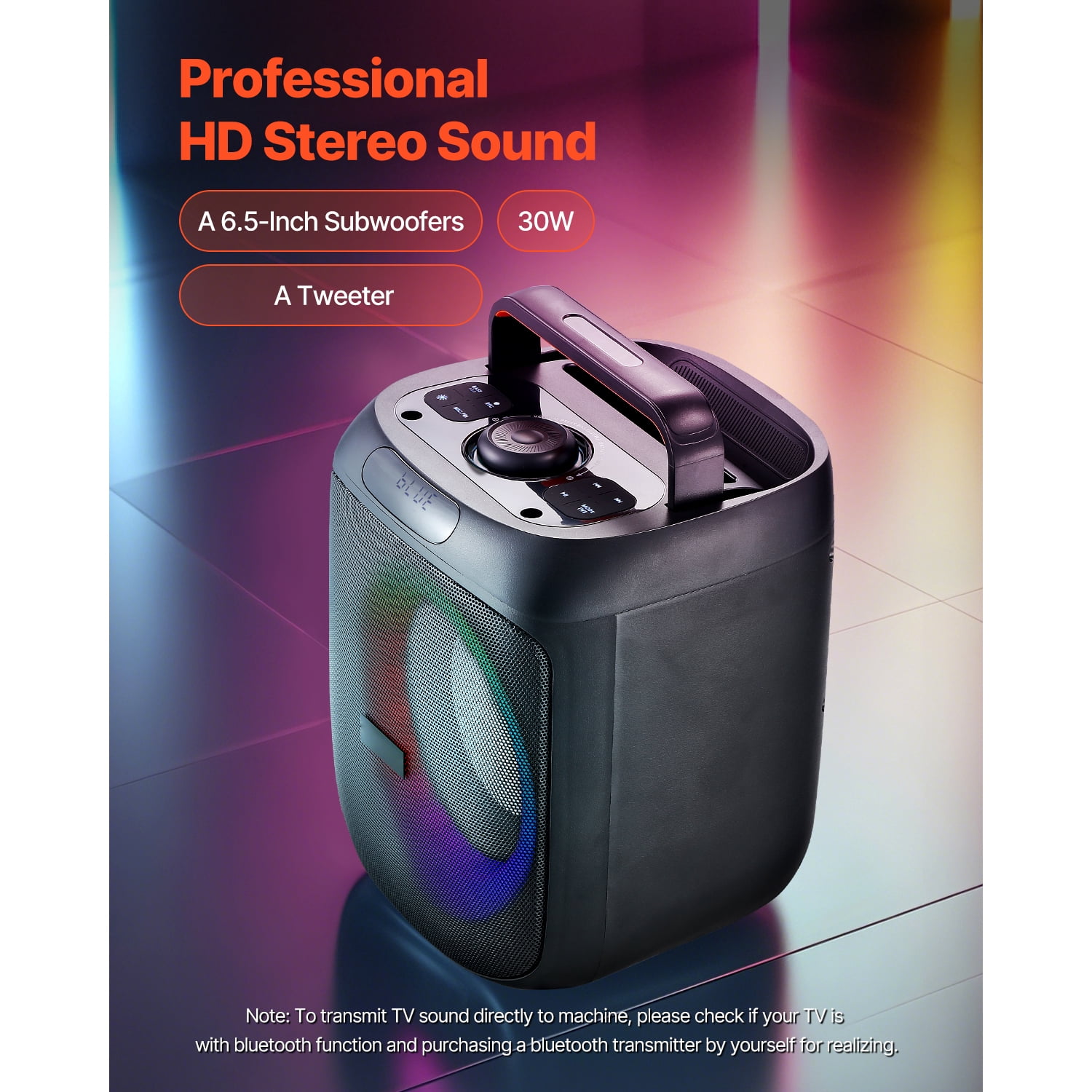 KFFKFF Portable Karaoke Machine for Adults, 30W Speaker with 6.5-inch Bluetooth Connectivity, Includes 2 Wireless Microphones, LED Lighting, TWS Capability, Handle, Supports Micro TF Card, USB