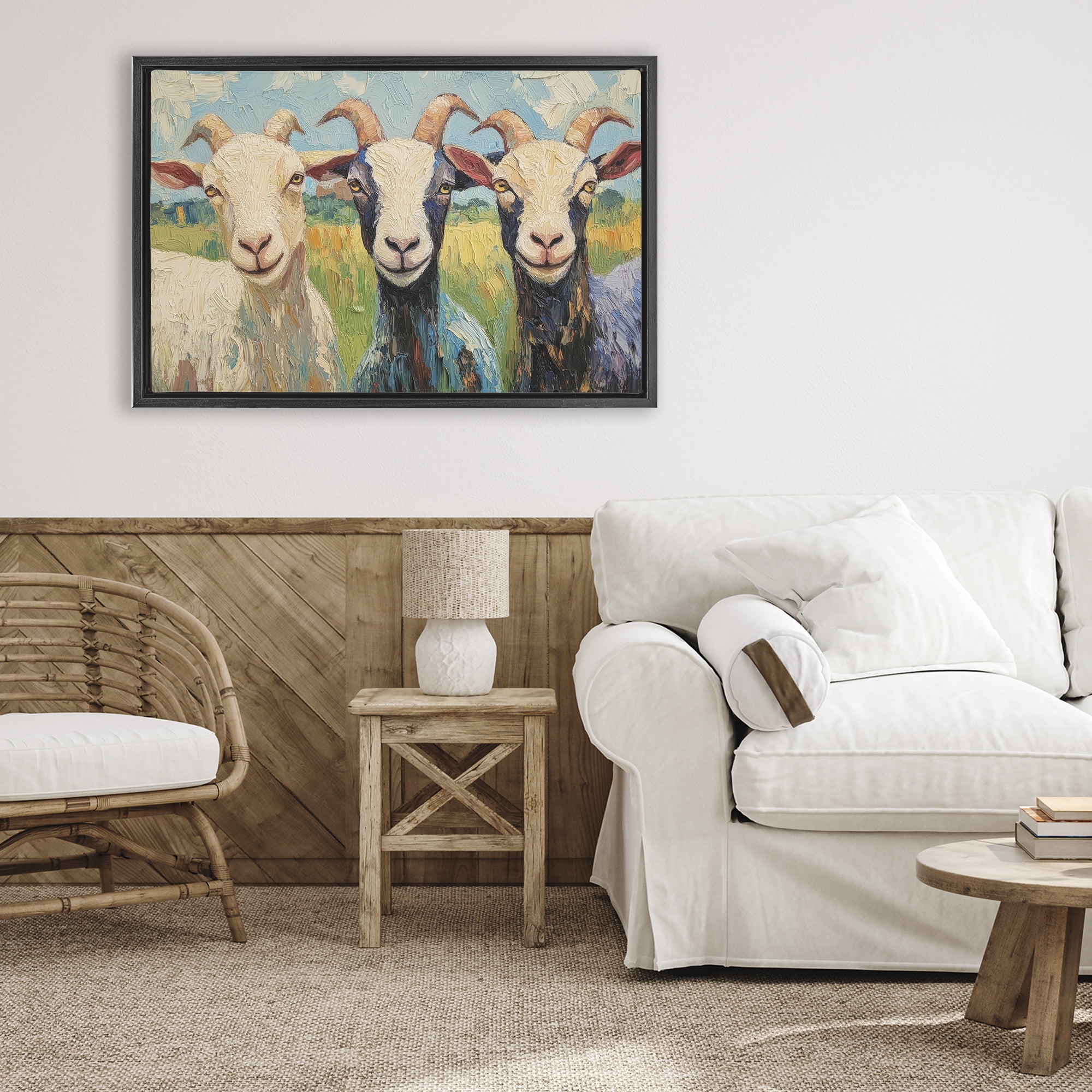 Stupell Industries Billy Goats in Bright Pasture Black Framed Floater Canvas Wall Art, design by Petal Prints Design
