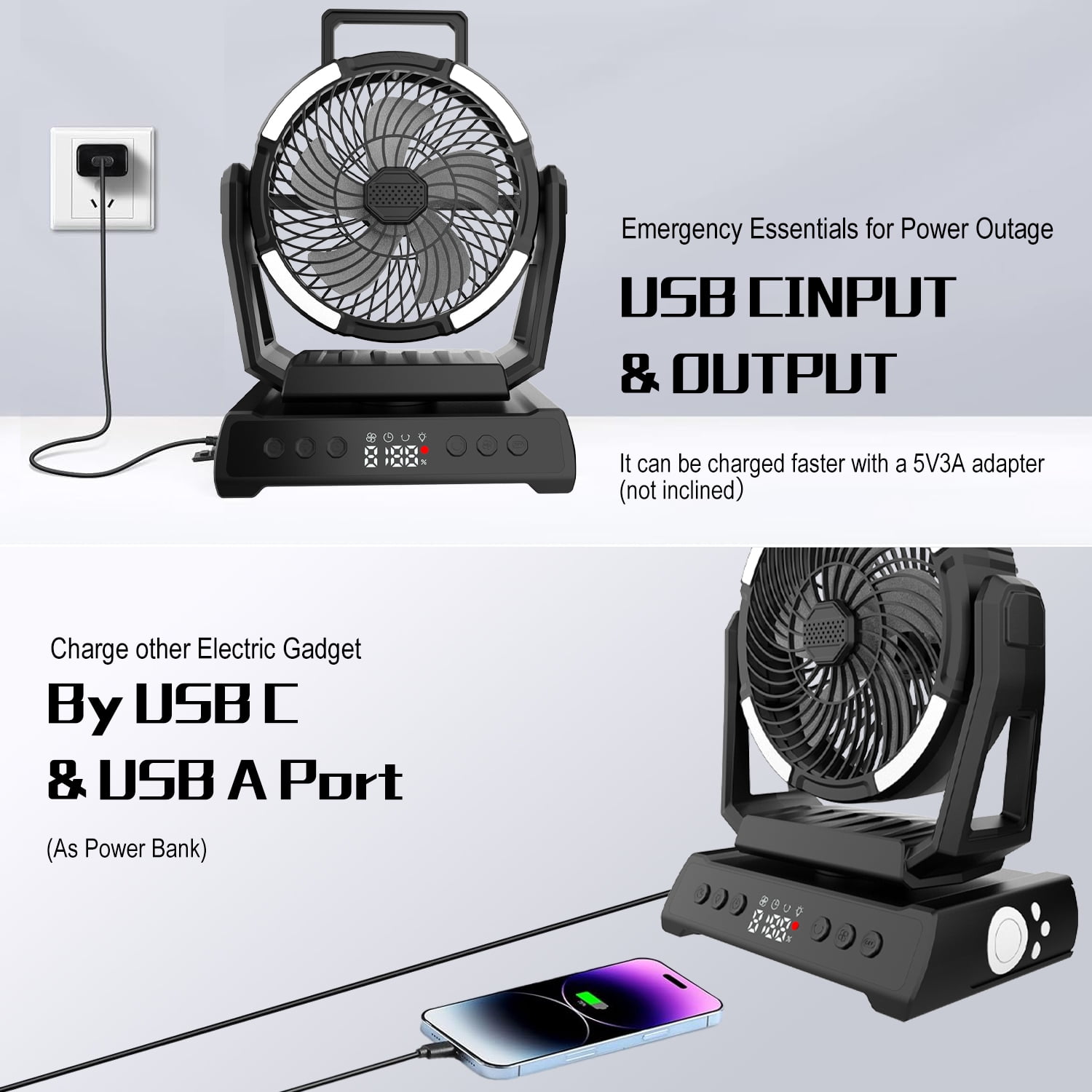 KANCOKIT Portable Fan with Light, 20000mAh 9 Speeds Rechargeable Battery Fan with Remote Digital Display, Timer, Auto Oscillation, Tent Fan for Car Travel RV Camp Patio