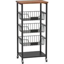 Kitchen Storage Cart, Kitchen Basket, 5-Tier Utility Organizer with Baskets and Wood Top, Rolling Snack Cart with Wheels, Metal Black