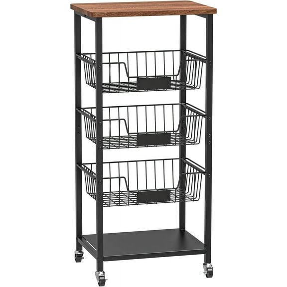 Kitchen Storage Cart, Kitchen Basket, 5-Tier Utility Organizer with Baskets and Wood Top, Rolling Snack Cart with Wheels, Metal Black