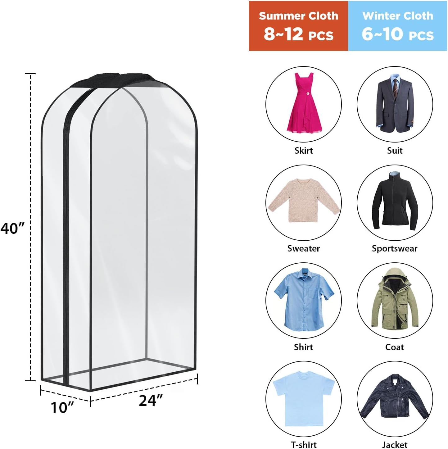 Garment Bags Covers for Hanging Clothes 10" Gusseted Clear Suit Clothes Storage Bag Closet 40" 4-Pack