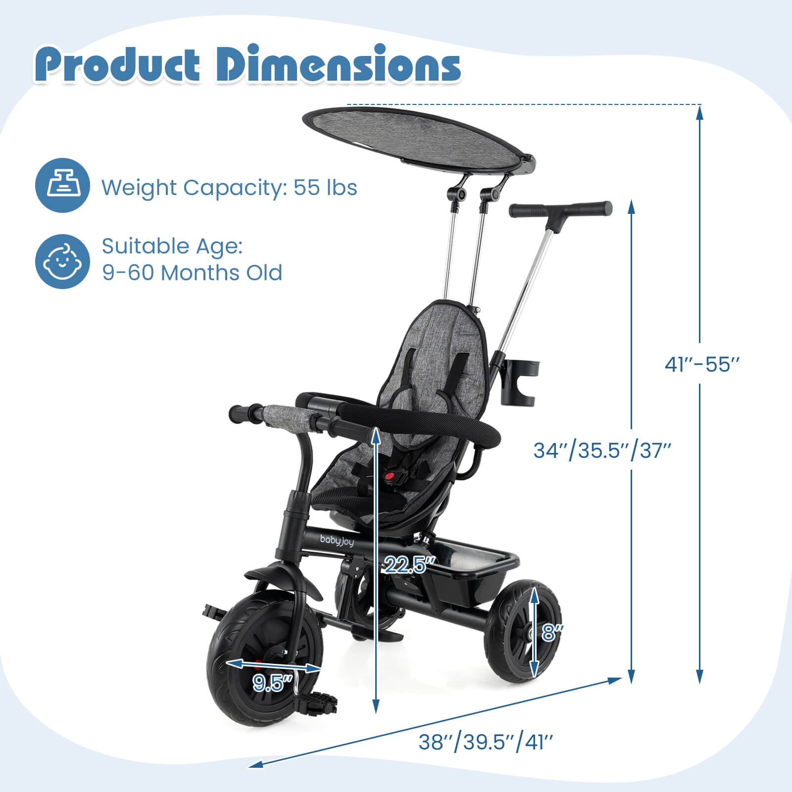 Infans Toddler Tricycle, 7 in 1 Push Trike w/ Adjustable Canopy Parent Push Handle Seat