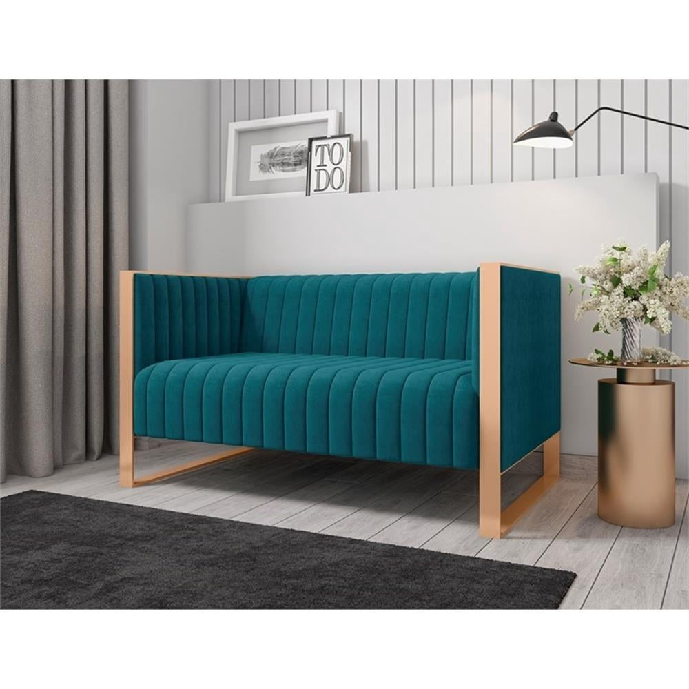 Manhattan Comfort Trillium Velvet Upholstery Loveseat in Aqua Blue