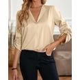 thumbnail image 3 of Solid Pleated Detail Collared Long Sleeve Satin Blouse for Women Beige X-Large, 3 of 5