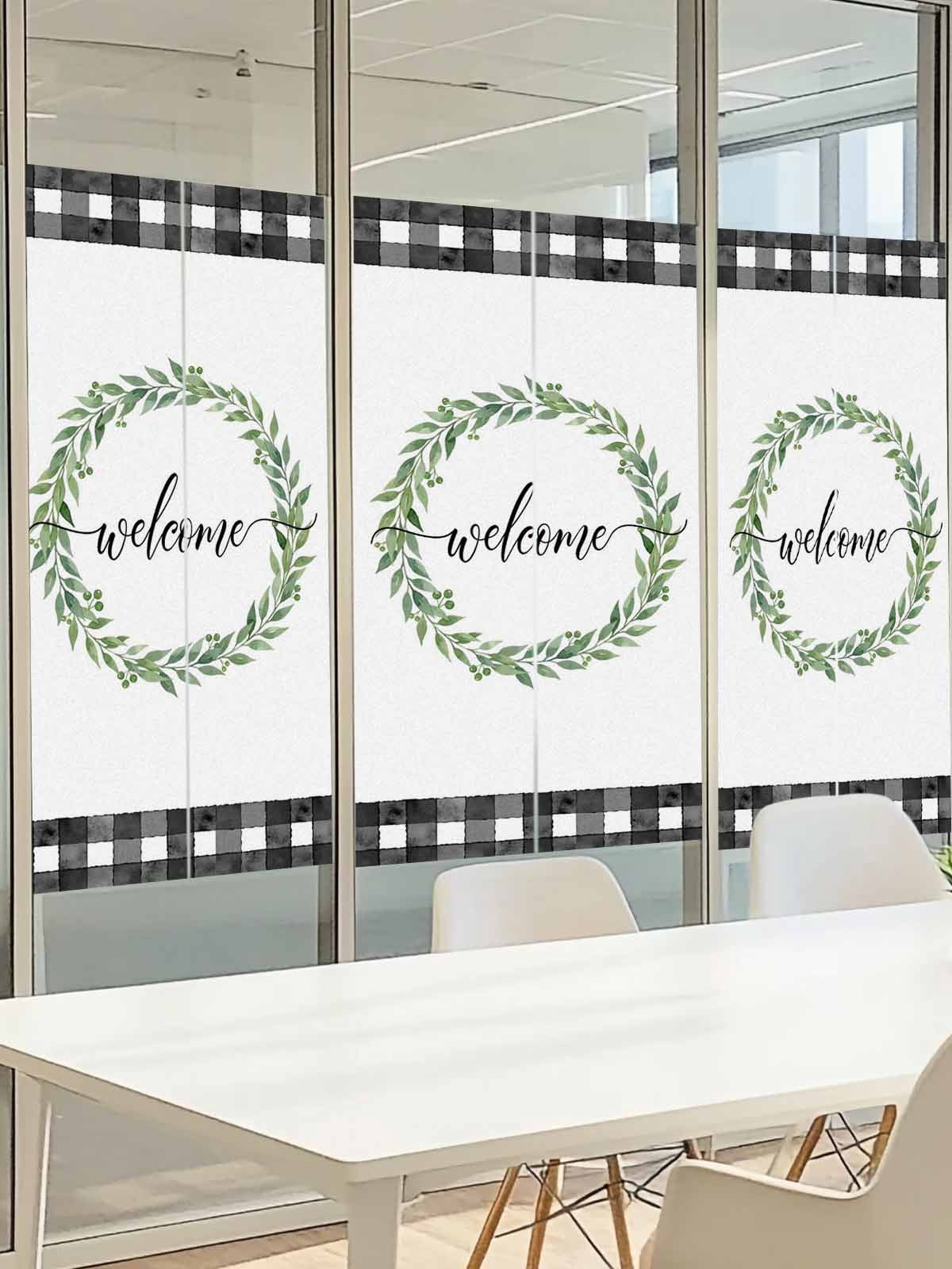 Welcome Window Privacy Film, Vintage Leaf Wreath Plant Black Plaid Border Frosted Glass Window Clings Static Cling UV Heat Blocking Reusable Door Sticker for Bathroom 23.6 x 59 Inch