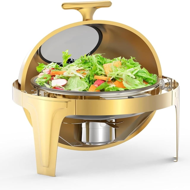 Ourlova 6.3 QT Round Roll - Top Chafing Dish Buffet Kit In Gold with a Transparent Glass Panel