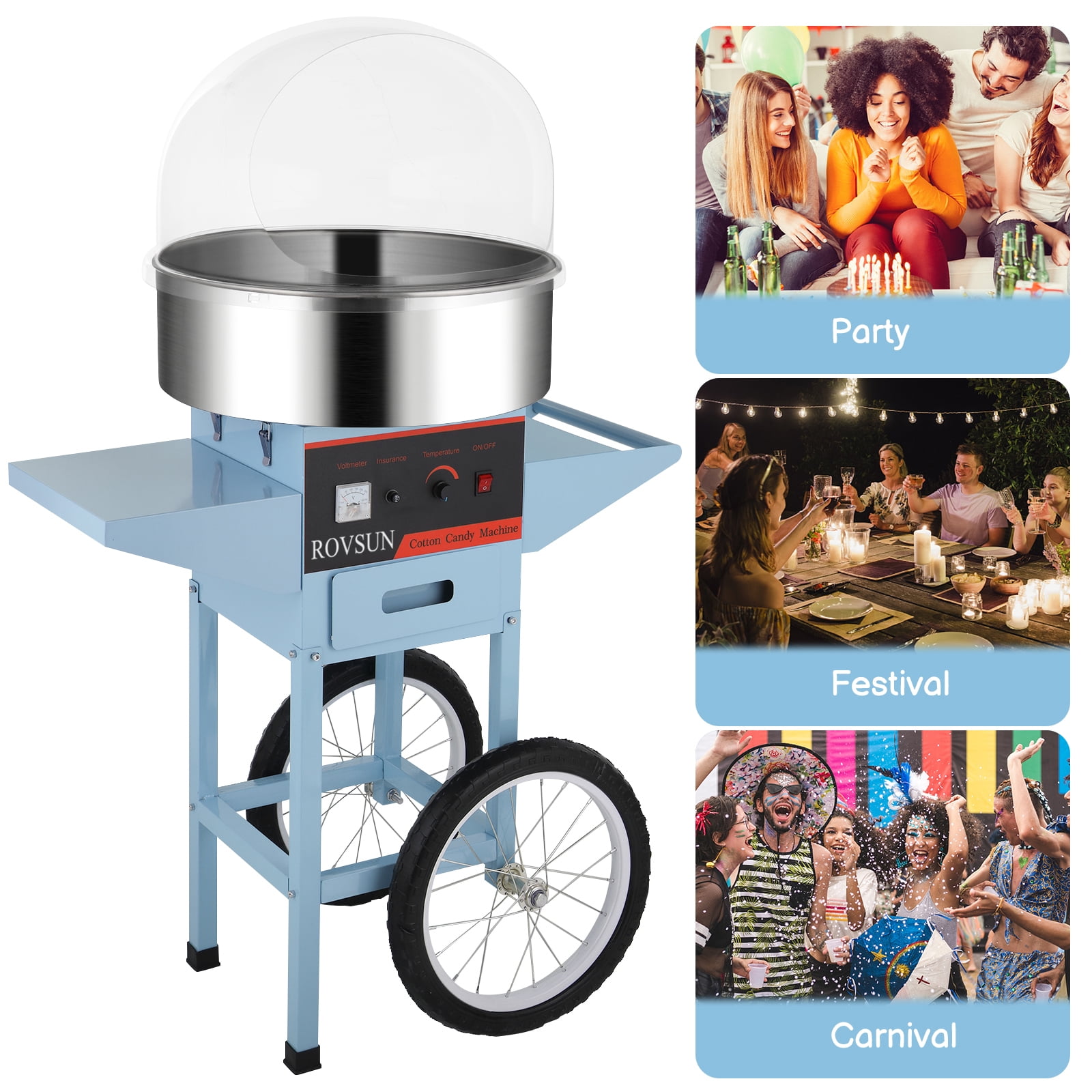 ROVSUN Cotton Candy Machine with Cart Stainless Steel, 21 Inch Electric Cotton Candy Maker Candy Floss Maker w/Cover Sugar Scoop and Large Storage Drawer for Commercial Home Party Carnival, Blue