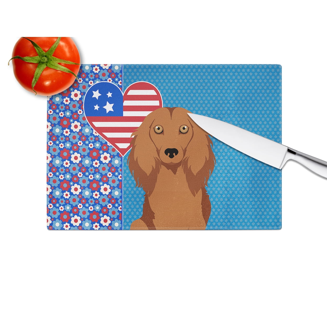 Longhair Red Dachshund Glass Cutting Board Large 12 in x 15 in