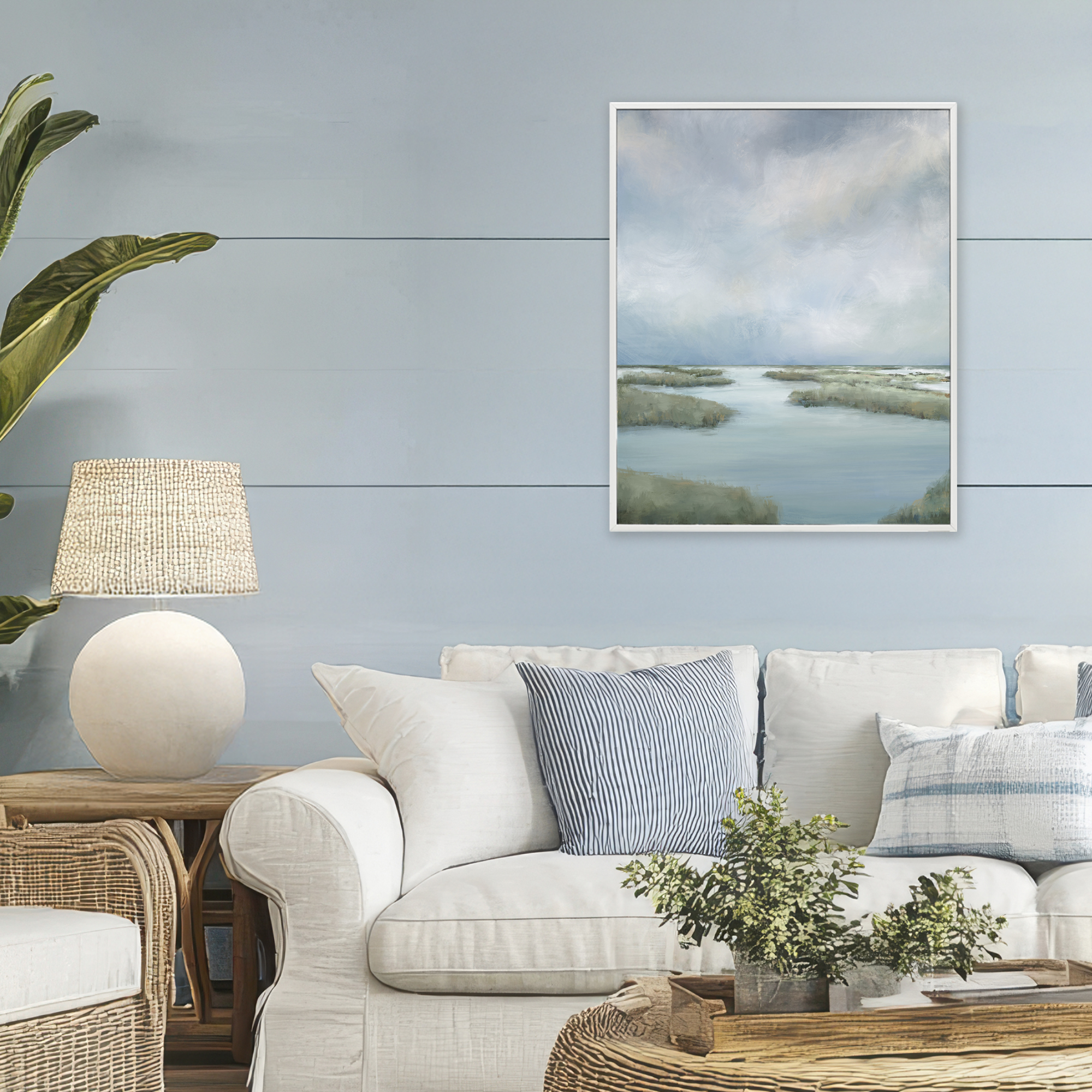 Hazy Marsh Land View White Framed Giclee Art, design by Leah Noel Art